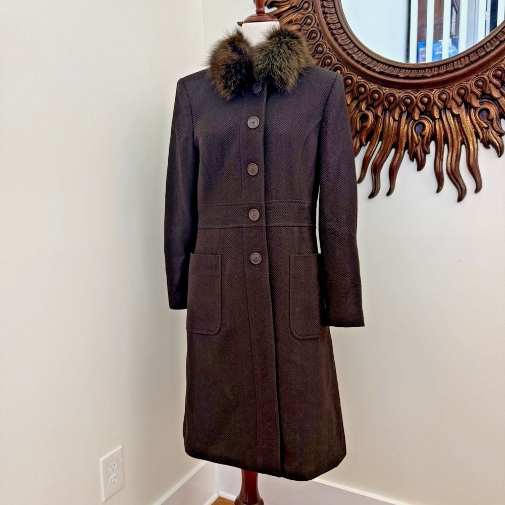 Harold's Wool Coat‎ Women's Medium Brown Herringbone Fur Collar Vintage F/W